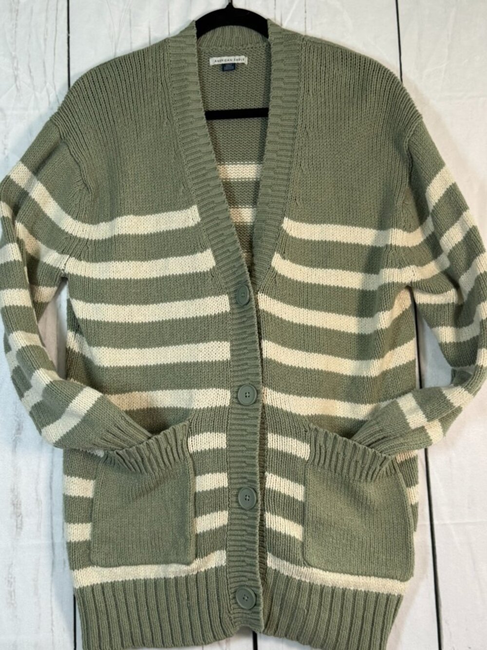 American Eagle Striped Cardigan S Sage Green Cream Oversized Coastal Grandpa